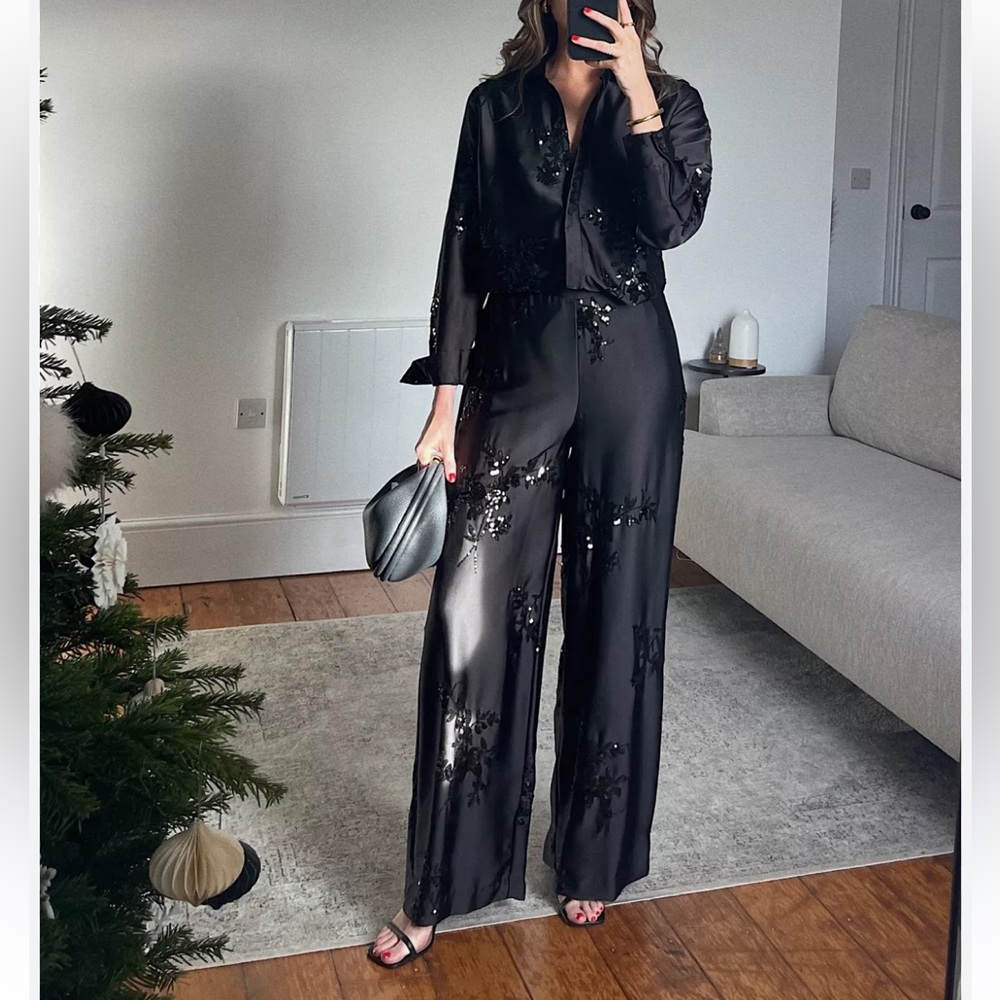 Zara NWOT black sequin satin matching 2 piece set - button shirt & pants - Picture 4 of 15